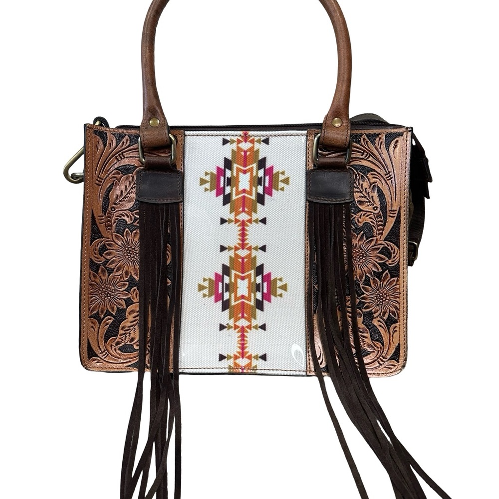 Bohemian Fringe Tote Bag - Brown and White